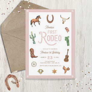 Rosa Westerna första födelsedag Rodeo Flicka Inbjudningar