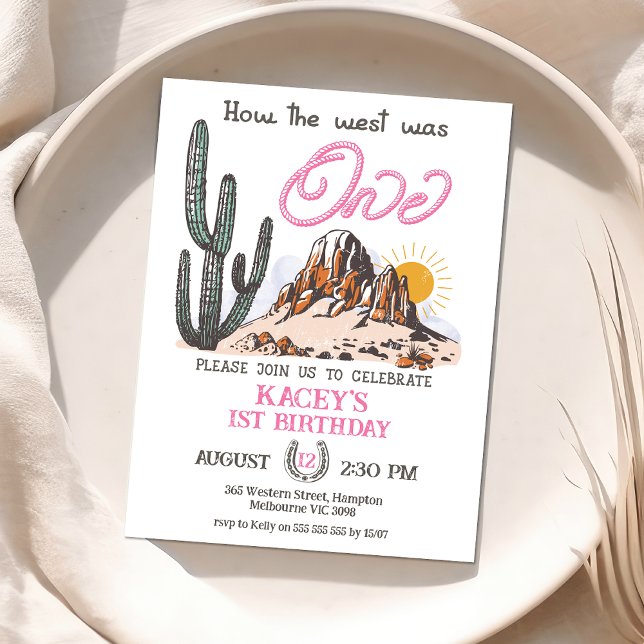 Rosa Westerna hur Västern var en första födelsedag Inbjudningar (How The West Was One 1st Birthday Invitation, Baby Girl Wild West 1st Birthday Invite First Rodeo)