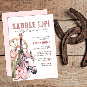 Rosa Westernt Kowgirl Baby Shower Saddup Up Card Inbjudningar