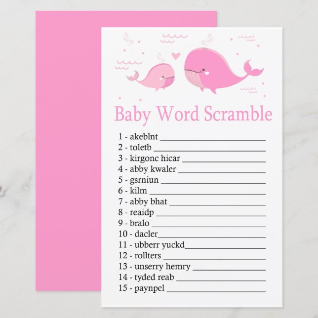Rosa Whale Baby ord scramble-spel (Fram/baksida)