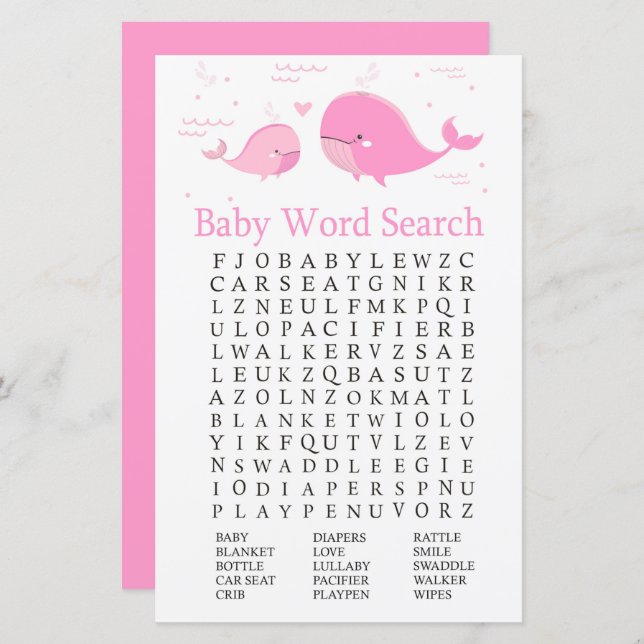 Rosa Whale Baby Shower Ord Search-spel (Fram/baksida)