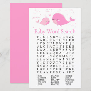 Rosa Whale Baby Shower Ord Search-spel