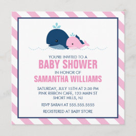 Rosa Whale Girl Baby Shower Inbjudningar