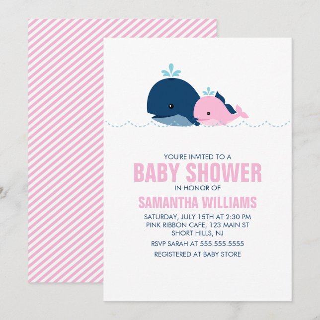 Rosa Whale Girl Baby Shower Inbjudningar (Fram/baksida)