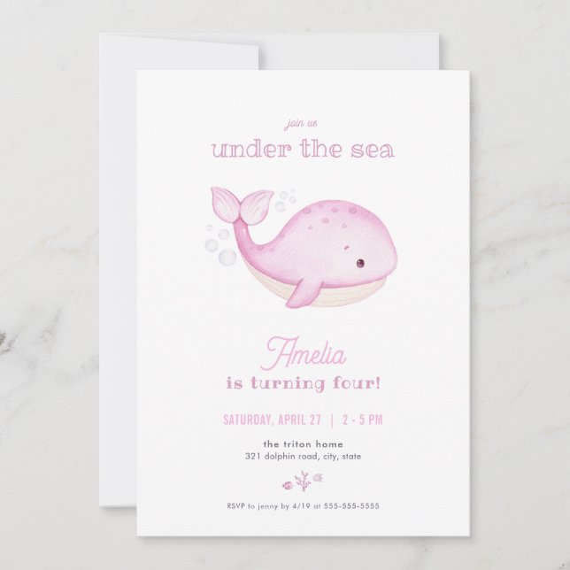 Rosa Whale Girl under Sea Birthday bjudande Inbjudningar (Framsida)
