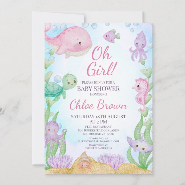 Rosa Whale Girls under Sea Baby Shower Inbjudningar (Framsida)