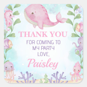 Rosa Whale Girls under Sea Birthday Sticker Fyrkantigt Klistermärke