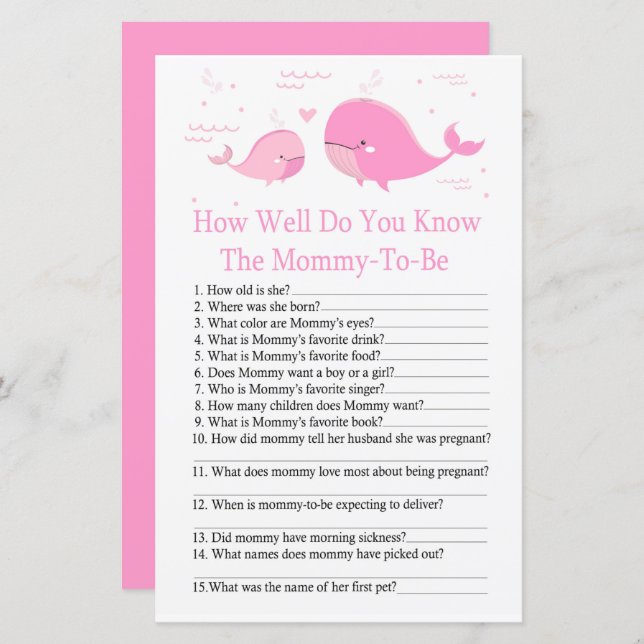 Rosa Whale Hur bra vet du om babyduschspel? (Fram/baksida)