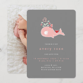 Rosa Whale Monogram Flicka Birth Notice Meddelande