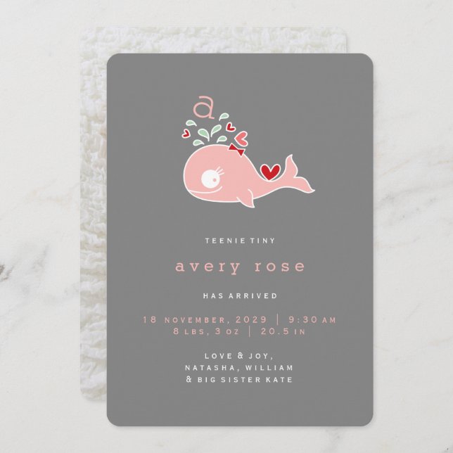 Rosa Whale Monogram Flicka Birth Notice Meddelande (Fram/baksida)