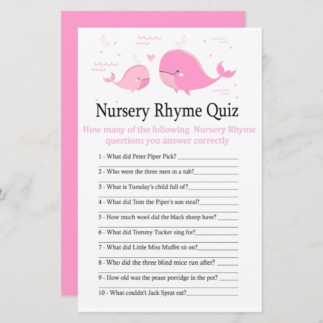 Rosa Whale Nursery Rhyme Quiz babyduschspel för ba (Fram/baksida)