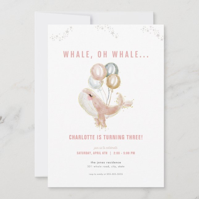 Rosa Whale Oh Whale Birthday-inbjudan Inbjudningar (Framsida)