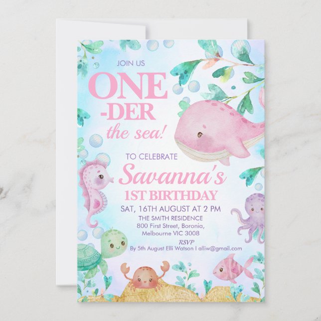 Rosa Whale One-der the Sea Creaton 1st Birthday Inbjudningar (Framsida)