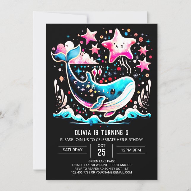 Rosa Whale Whimsical Girl Birthday Inbjudningar (Framsida)