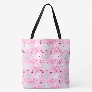 Rosa Whales Anchors Nautical Girly Ocean Mönster Tygkasse