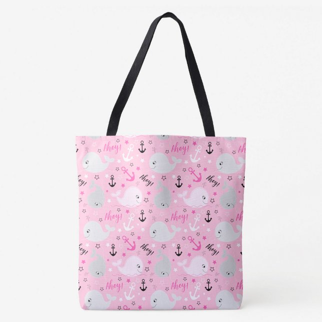 Rosa Whales Anchors Nautical Girly Ocean Mönster Tygkasse (Cute Pink Whales Ahoy Tote Bag)