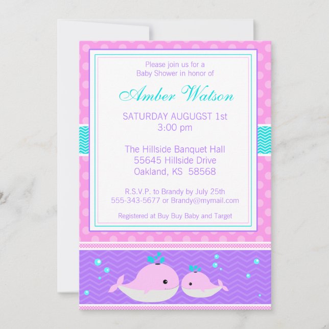 Rosa Whales Baby Shower-inbjudan Inbjudningar (Framsida)