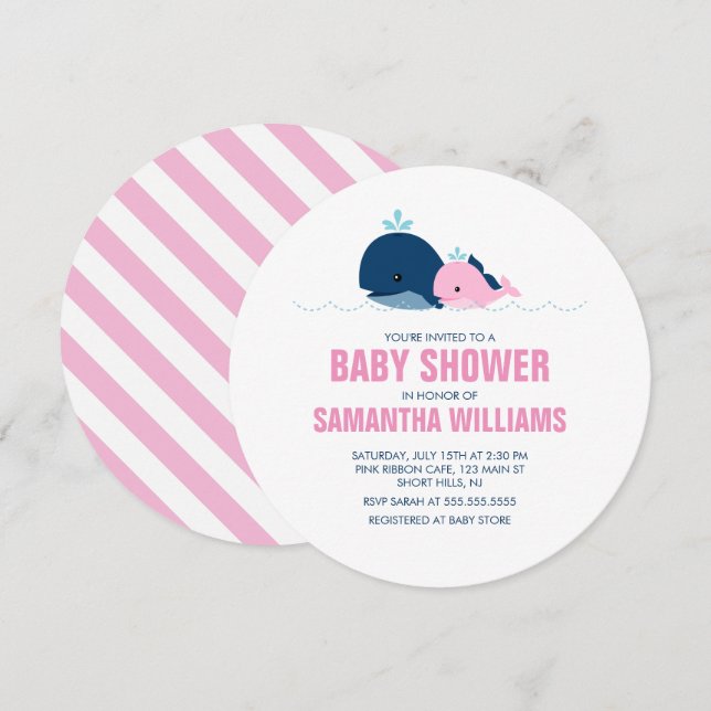 Rosa Whales Girl Baby Shower Inbjudningar (Fram/baksida)