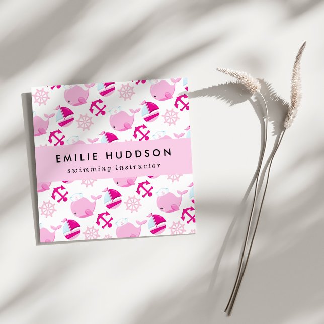 Rosa Whales, Simma Instructions, Swimming Coach Fyrkantigt Visitkort (Skapare uppladdad)