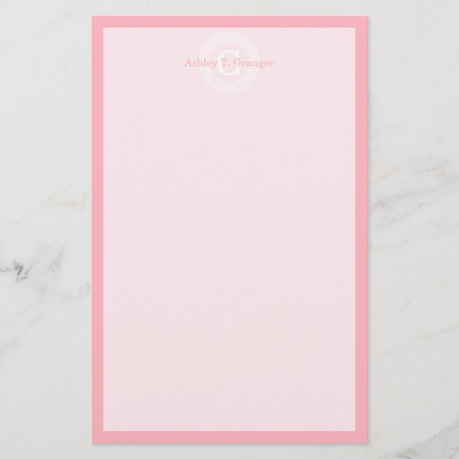 Rosa Whgrekiska Nyckel Rnd Ram Initial Monogram Brevpapper (Framsida)