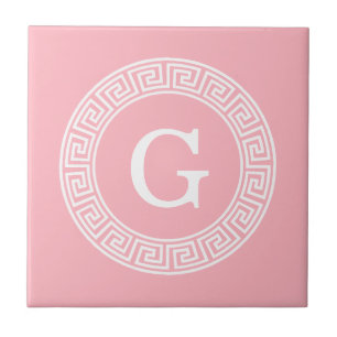 Rosa Whgrekiska Nyckel Rnd Ram Initial Monogram Kakelplatta