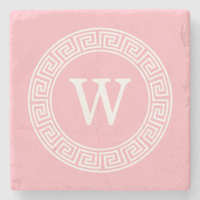 Rosa Whgrekiska Nyckel Rnd Ram Initial Monogram Underlägg Sten (Framsidan)