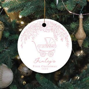 Rosa Whimsical Barnvagn Babyns Första Jul Julgransprydnad Keramik