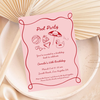 Rosa Whimsical Bassäng Party sommardagsinbjudan Inbjudningar