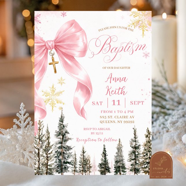 Rosa Whimsical Bow Vinter Dop inbjudan (Skapare uppladdad)