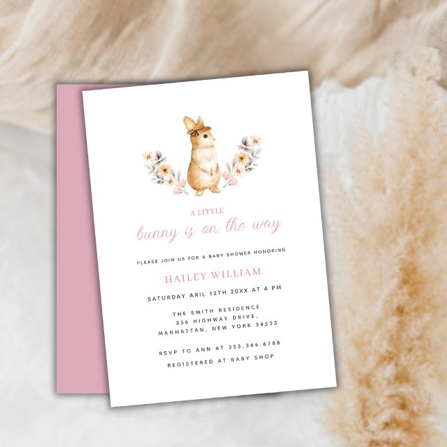 Rosa Whimsical Bunny Wildblomma Baby Shower Inbjudningar (Pink Whimsical Bunny Wildflower Baby Shower Invitation)