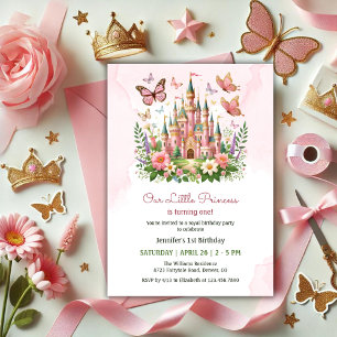 Rosa Whimsical Castle Little Princess 1:a födelsed Inbjudningar