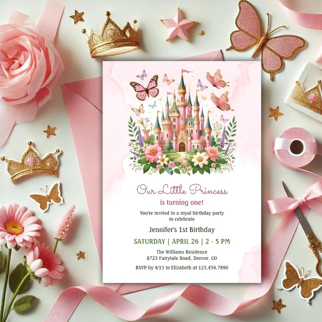 Rosa Whimsical Castle Little Princess 1:a födelsed Inbjudningar (Pink Whimsical Castle Little Princess 1st Birthday Invitation)