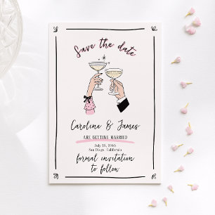 Rosa Whimsical Champagne Toast Händer Spara datum Inbjudningar