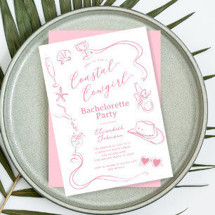 Rosa Whimsical Coastal Cowgirl Bachelorette Party Inbjudningar