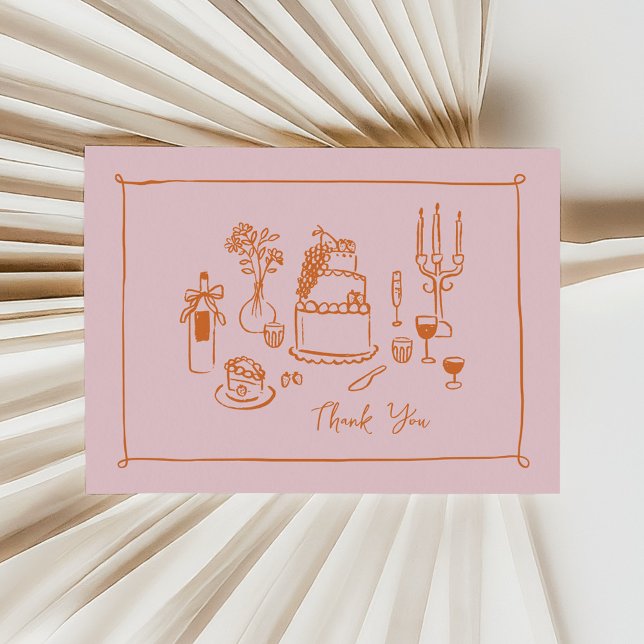 Rosa Whimsical Doodle Handritad Tack Kort (bridal shower thank you card in pink and orange hand-drawn food doodles)