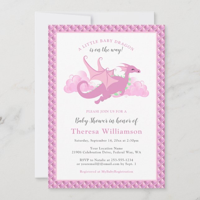 Rosa Whimsical Girl Dragon Baby Shower Inbjudningar (Framsida)