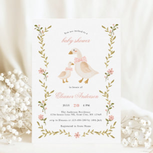 Rosa Whimsical Goose Baby Shower Inbjudningar