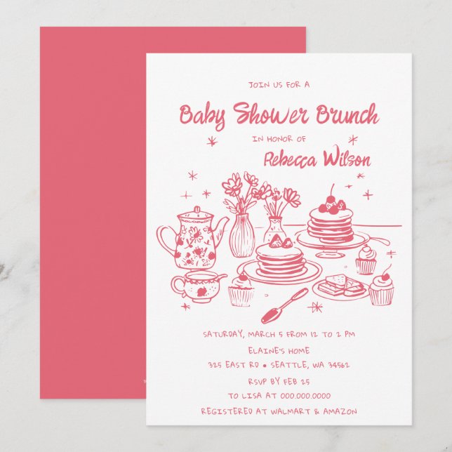 Rosa Whimsical Hand plockade Baby Shower Brunch Inbjudningar (Fram/baksida)
