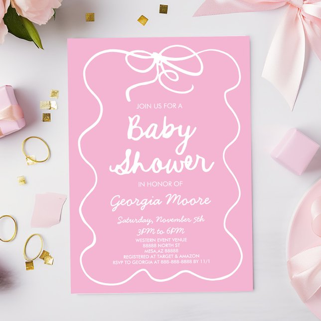 Rosa Whimsical Hand plockade Bow Baby Shower Inbjudningar (Skapare uppladdad)