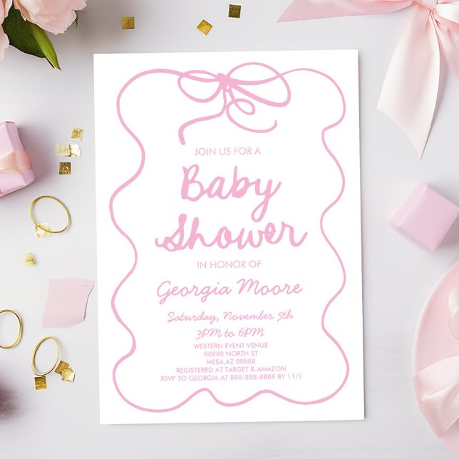 Rosa Whimsical Hand plockade Bow Baby Shower Inbjudningar (Skapare uppladdad)