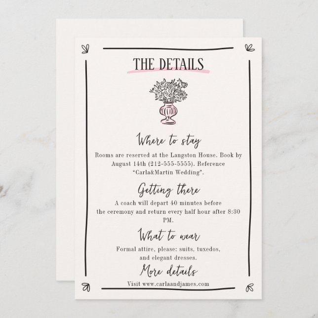 Rosa Whimsical Hand plockade Bröllop Information C Spara Datumet (Fram/baksida)