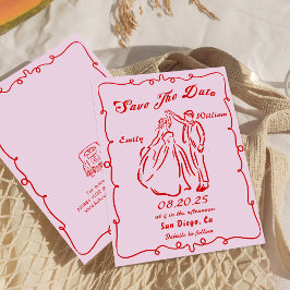 Rosa Whimsical Hand plockade Bröllop spara datum Inbjudningar