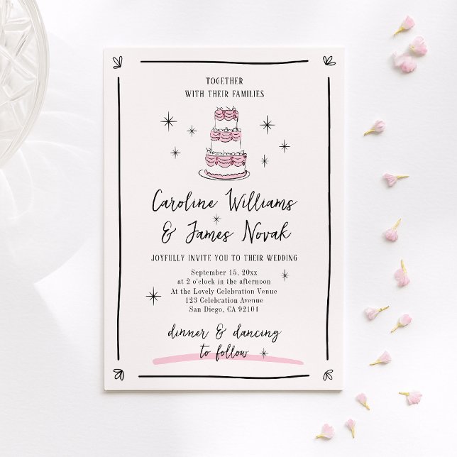 Rosa Whimsical Hand plockade Cake & Handskriftlig  Inbjudningar (Skapare uppladdad)