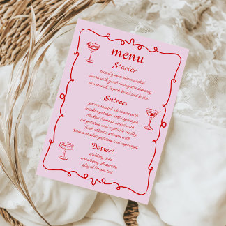 Rosa Whimsical Hand plockade Fransk Bröllop Menu Meny