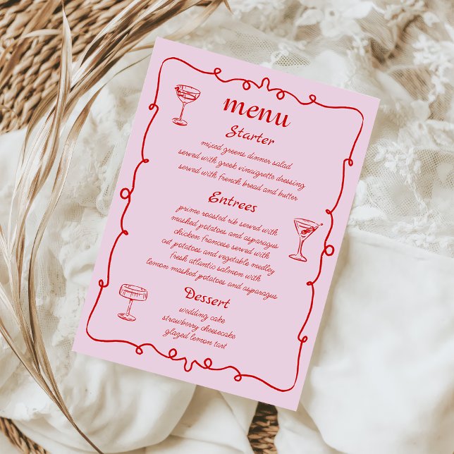 Rosa Whimsical Hand plockade Fransk Bröllop Menu Meny (Skapare uppladdad)