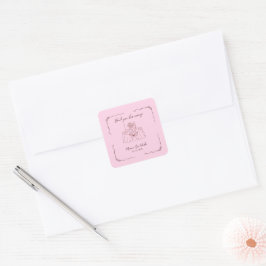 Rosa Whimsical Handritad Illustrerad Bröllop Fyrkantigt Klistermärke