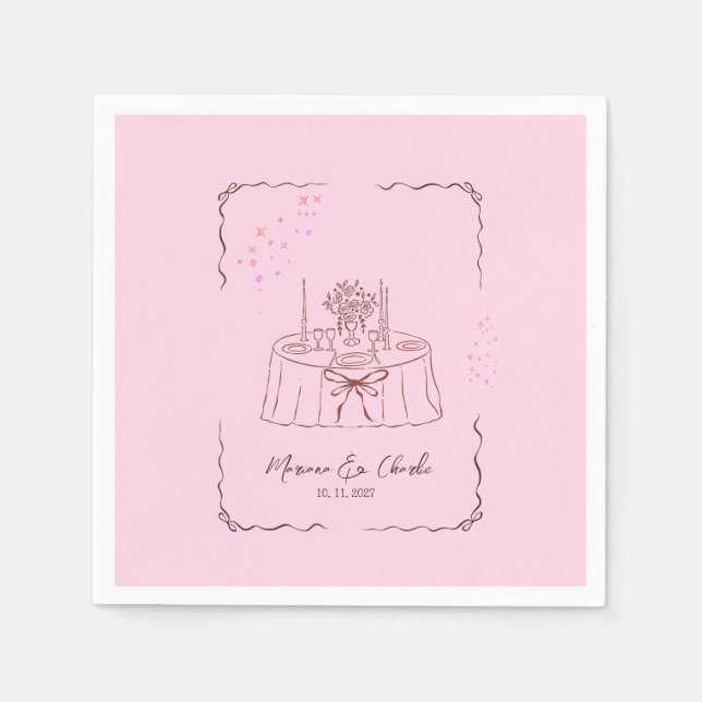 Rosa Whimsical Handritad Illustrerad Bröllop  Pappersservett (Framsidan)