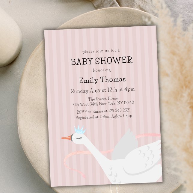 Rosa Whimsical Princess Svan Rand Baby Shower Inbjudningar (Pink Whimsical Princess Swan Stripe Baby Shower Invitation)