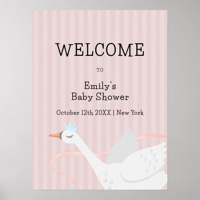 Rosa Whimsical Prinsessa Svan Bebis Badrums Välkom Poster (Framsidan)