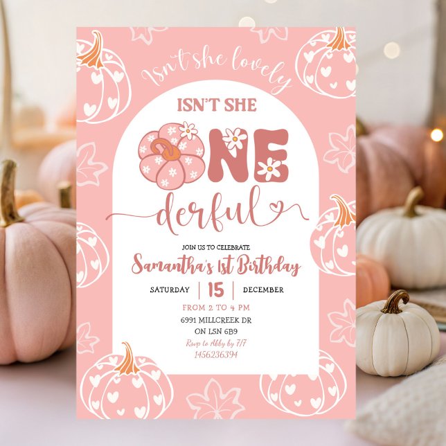 Rosa Whimsical Retro Pumpkin Onederhel födelsedag Inbjudningar (Skapare uppladdad)